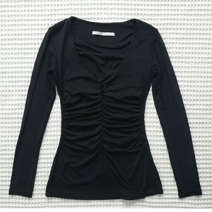 SUSANA MONACO jet black ruched center zip long sleeve stretch top XS